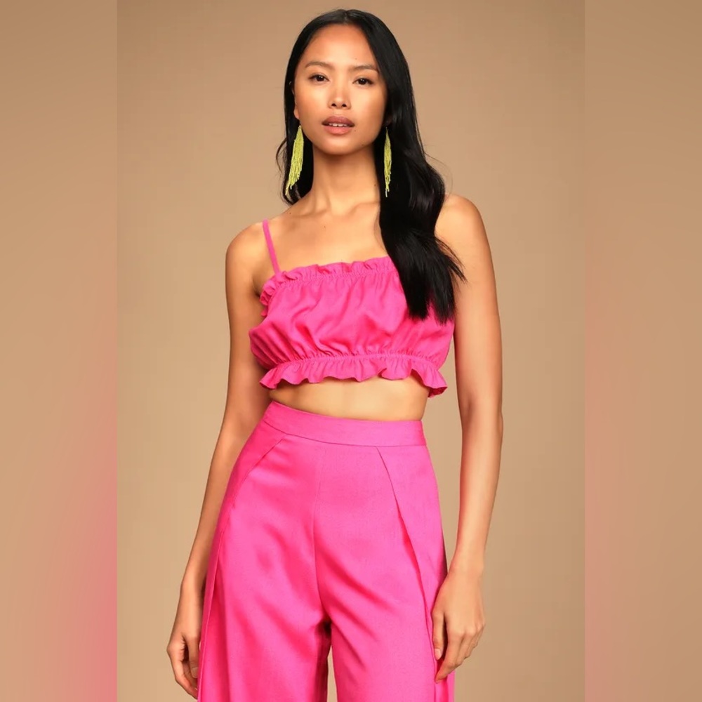 NWT Lulus Postcards From Me Hot Pink Ruffled Two-Piece Jumpsuit